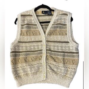 Lizsport Vintage Sweater Vest • Size L • Tan • Green • Cream • EUC